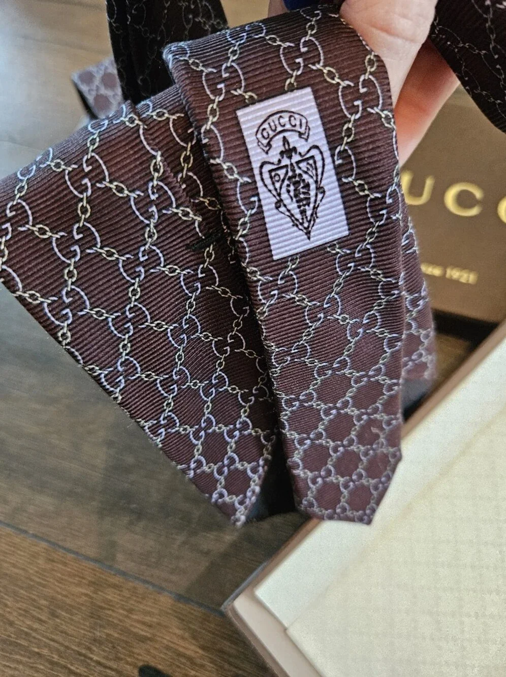 Gucci Brown GG Monogram Silk Tie Italy 100% Silk w/ Gucci Gift Box